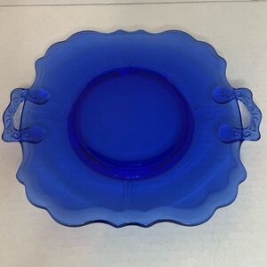 Vintage Depression Glass LE Smith Mt Pleasant Cobalt Blue Dbl Shield Cake Plate